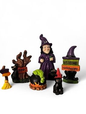 Halloween Fairy Garden 6 Pc Witch Cauldron Black Cat Miniature Set NEW